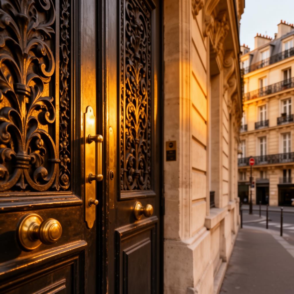 Porte d'entrée d'un immeuble haussmannien parisien avec serrure en laiton — intervention serrurier Paris