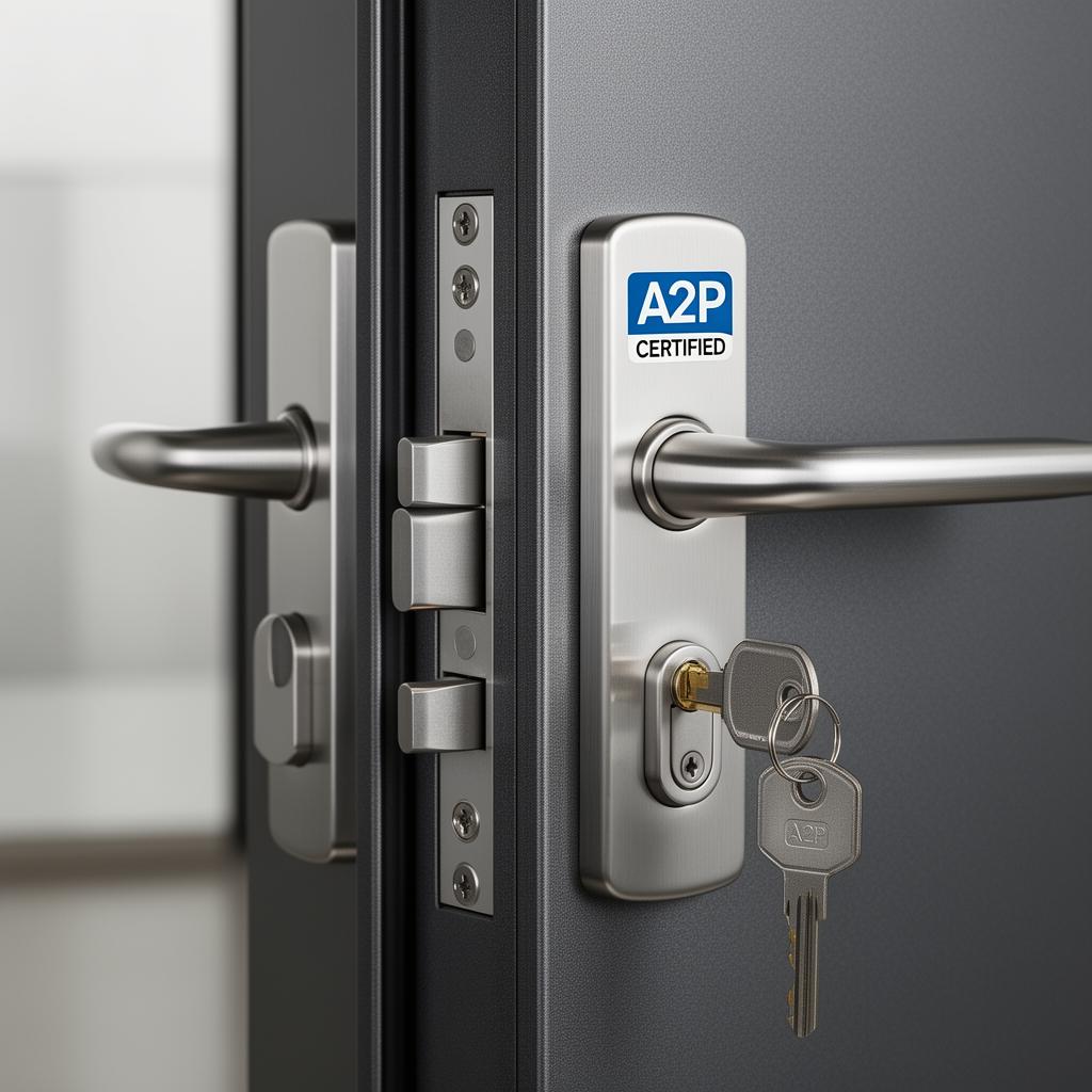 Serrure multipoints A2P certifiée installée sur porte blindée — sécurité haute performance